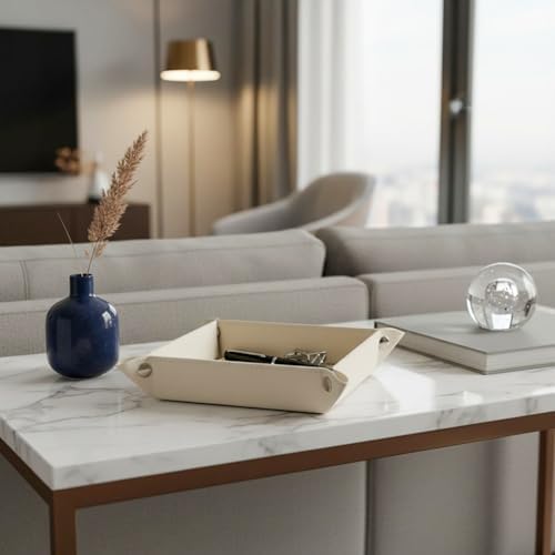 UnionBasic Valet Tray, Jewelry Tray for Rings Watches Earrings, Entryway Catchall Caddy for Coins Keys Change, Nightstand Organizer Bedside Valet Holder, Trays for Electronic Gadgets, Lychee Beige - Image 7
