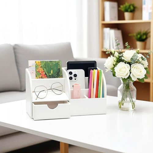 UnionBasic Desk Organizer - Multifunctional Leather Desktop Pen Holder Storage Box - Business Card/Pen/Pencil/Mobile Phone/Stationery Holder, White - Image 7