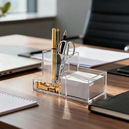 HBlife 2-Pack Acrylic Pen Holder for Desk, 3-Compartment Small Desk Organizer, Clear Office Supplies Desk Accessories with Sticky Notes Holder Stores Post It Notes 3X3 for Office, Home and School - Image 7