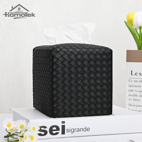 HOMOTEK 2 Pack Tissue Box Cover, Square PU Leather Tissue Holder, Decorative Facial Tissue Cube Paper Organizer Dispenser for Bathroom, Night Stands, Desk, Car 5X5X5'' - Woven Waffle,Dark Black - Image 5