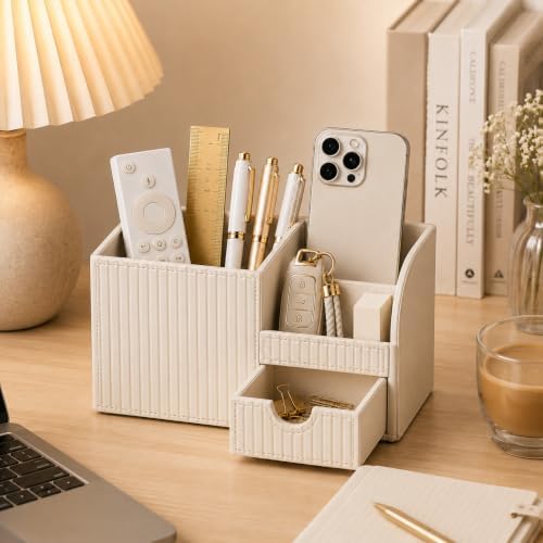 KINGFOM Luxury PU Leather Desk Organizer with Drawer, Modern Aesthetic Office Desk Accessories for Women, Multi-Compartment Pen Holder & Desktop Storage Organizer for Home Office, Cream White - Image 7