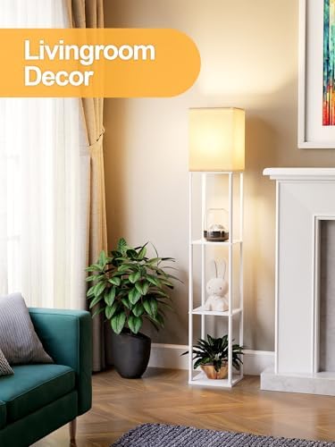 Floor Lamp with Shelves for Living Room White, Shelf Floor Lamp with 3 CCT LED Bulb, Corner Display Standing Column Lamp Etagere Organizer Tower Nightstand with White Linen Shade for Bedroom, Office - Image 7