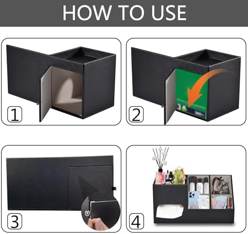 Plus Size Tissue Box Cover-Square Tissue Cover with Side Storage and Tray,Modern Makeup Organizer,PU Leather Tissue Holder Decorative Cube Organizer for Living Room Vanity NightStand Office,Black - Image 6
