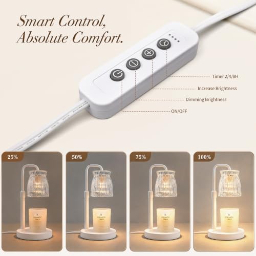 Shering White Candle Warmer Lamp with Timer & Dimmable - Metal Base & Glass Shade, Adjustable Height Wax Melter for Jar Candles, Mother's Day for Women - Image 6