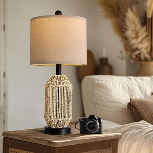 OYEARS 21" Boho Table Lamps Set of 2 for Living Room, Bedside Lamps for Nightstand, Rattan Lamp for Bedroom, Farmhouse Table Lamps for Boho Decor, End Table, Retro, Black - Image 7