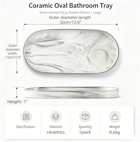 12.5" x 6" Oval Ceramic Vanity Tray, Light Gray Marble Bathroom Tray, Decorative Countertop Organizer for Cosmetics, Perfume, Jewelry, Candles, Kitchen Sink Soap Tray - Image 5