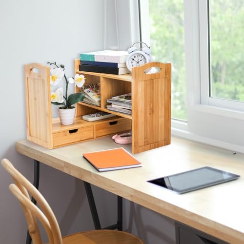 Eorbow Bamboo Desktop Bookshelf, Expandable Counter Bookcase, Storage Shelves Rack Organizer with Anti-Slip Pads, Cute Small Desk Display Cubby Top for Office Supplies, No Assembly Needed - Image 7