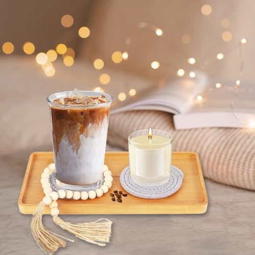 Wooden Candle Tray Holder 14 * 7 * 0.8 Inch Rectangular Decorative Serving Trays for Coffee Table Centerpiece Home Decor Wood Table Tray for Kitchen Counter with Beads Decor and 2 Coasters - Image 5