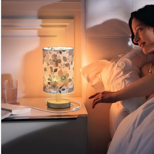 Fustylead Abstract Brown Gray and White Floral Bedside Table Lamps with USB Port for Bedroom Lamp Small Nightstand Lamp Sturdy Linen Shade Wooden Decorative Lamps for Living Room Home Dorm Kids - Image 7
