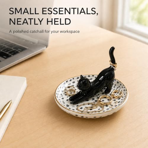 Ceramic Cat Ring Holder Dish, Black Polka Dots - Image 6