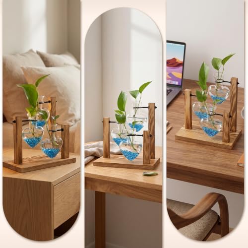 Plant Propagation Station, Heart-Shaped Hydroponic Glass Vase with Wooden Stand Decorative Propagation Stations with Blue Glass Beads for Home Desk Office Gardening Gifts for Plant Lovers - Image 6