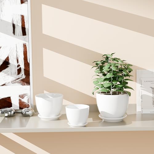 White Plant Pots,Ceramic Flower Pot Set of 3 with Drainage Holes & Saucers - Image 3