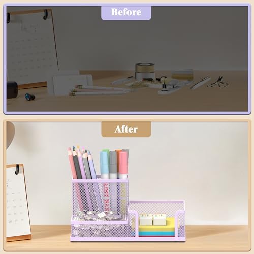 SUPEASY Mesh Pen Holder Desk Organizer, Office Supplies Pencil Storage with 3 Compartments, Office Desk Accessories and Workspace Organizers for Home School Classroom, Purple - Image 7