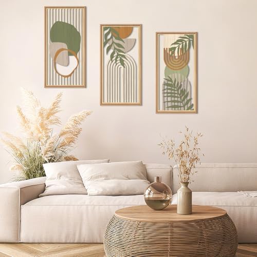 IARTTOP Boho Mid-Century Modern Wood Wall Art 8x16 Inch Framed Green Bohemian Abstract Wooden Wall Decor Set of 3 Minimalist Geometric Leaf Artwork for Living Room Bedroom Office - Image 6