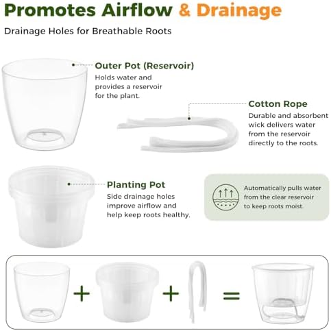 Clear Self Watering Pots for Indoor Plants, 6-Pack 6.7'' Clear Plant Pots with Drainage, Self Watering Planter, African Violet Pot, Semi Hydroponic Pot for Orchids, Flowers, Herbs - Image 6