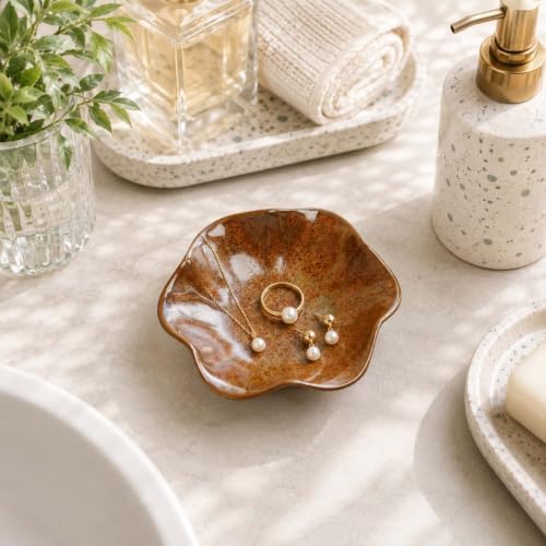 Brown Jewelry Dish Tray, Ring Holder, Ceramic Lotus Leaf Trinket Tray - Image 7