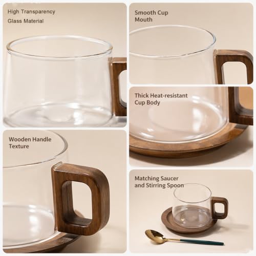 Clear Glass Coffee Cup with Wooden Handle and Base, 260ml Heat Resistant Tea Mug Set with Spoon, Elegant Latte Espresso Drinkware for Home Kitchen Office - Image 7