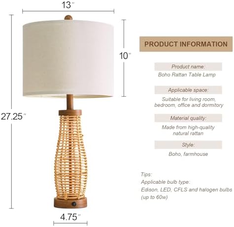 OYEARS 28" Table Lamps Set of 2 with Dual Night Lights, Bedside Lamps for Bedroom, Boho Lamp for Living Room, Rattan Table Lamp with Linen Shade, Farmhouse Lamp with Wood Grain Finish (Bulb Included) - Image 7