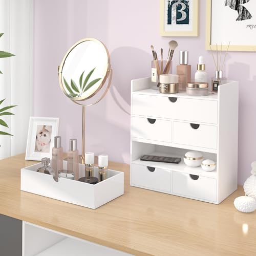 Bamboo Desk Organizer with Drawers Desktop Storage Drawers for Bills Office Supplies Kitchen Utensils Organizing Tool for Home Classroom Organization No Assembly (White) - Image 6