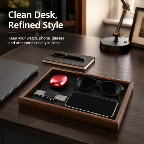 Wooden Valet Tray, 12X8 Inch Desk Organizer with Leather Base, Entryway Bedside Dump Holder for Wallets, Keys, Watches, Jewelry & Sunglasses(Black) - Image 7