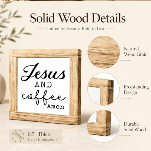 Coffee Bar Decor Wooden Sign, Jesus And Coffee Amen Tabletop Plaque, Farmhouse Kitchen Counter Shelf Decor, Rustic Coffee Station Wood Sign For Home, Christian Coffee Lover Gift, 5.9 x 5.9 in - Image 6