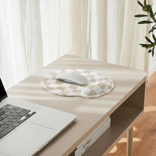 Ohocut Beige White Checkered Mouse Pad with Gel Wrist Rest, Wrist Support, Ergonomic Desk Accessories for Women, Office Laptop Gaming Decor, Cute Aesthetic Check Design - Image 7