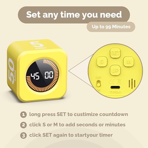 KADAMS Timer Pomodoro - Productivity Pomodoro Cube, 5/10/25/50 Min Countdown & Countup, Silent – for Work Study Workout Kitchen School Classroom Office ADHD Gift Kids (1, Yellow) - Image 6