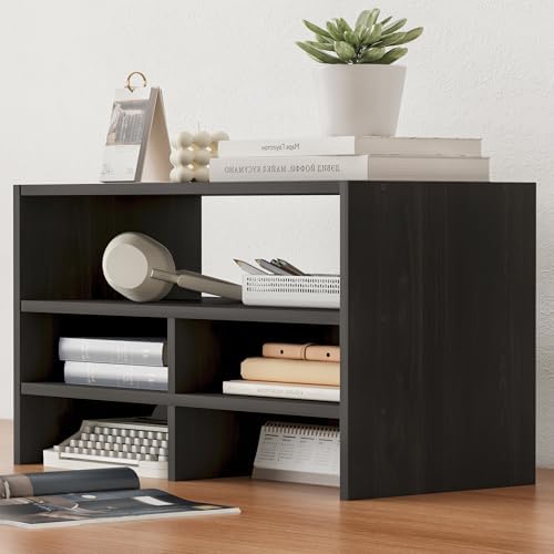 Wood Office Supplies Organizer with Storage Spaces, Desk Top Organizer Shelf with Five Storage Compartments for Desk, Office, Dorm, Classroom, Black - Image 7
