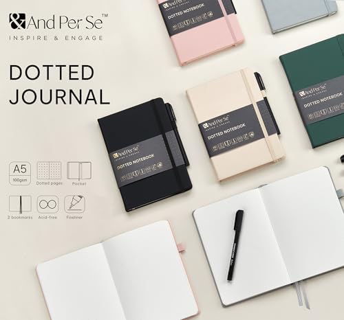 &And Per Se Dotted Notebook with Pen, A5 Hardcover Dotted Journal, 160 Pages 100GSM Thick Paper Dot Grid Journal with Fineliner Pen (Green) - Image 7