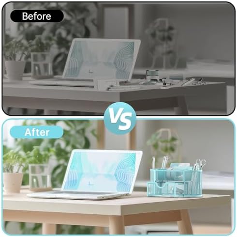 Mesh Desk Organizer with Drawer, 9-Compartment Pen Holder for Desk, Blue - Image 7