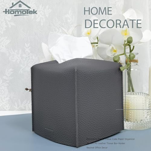 HOMOTEK 1 Pack Tissue Box Cover, Square PU Leather Tissue Holder, Decorative Facial Tissue Cube Paper Organizer Dispenser for Bathroom, Night Stands, Desk, Car 5X5X5'' - Beige, Pebble Grain - Image 6