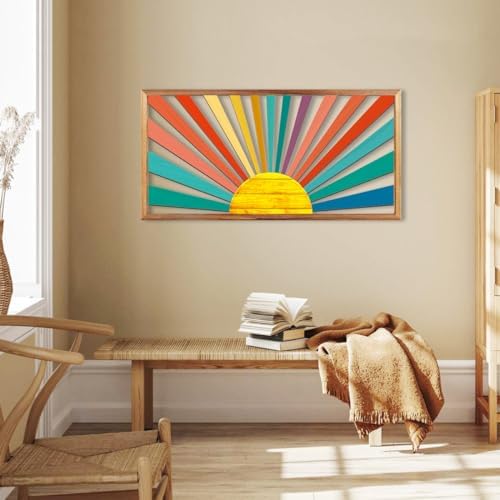 IARTTOP Large Boho Sun Wall Art Framed Wooden Art Wall Decor Colorful Rainbow Geometric Line Sunshine Artwork for Living Room Bedroom Office 16x32 Inch - Image 6