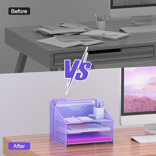 Samstar Purple Desk File Organizer, Mesh Letter File Folder Holder with 3 Paper Trays and 2 Vertical Upright Section, for Office Supplies, Desk Accessories & Workspace, Purple - Image 6