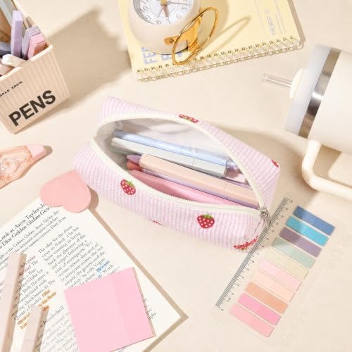 22Pcs Book Annotation Kit Aesthetic Pencil Case with Supplies School Annotation Supplies Gel Pen Transparent Sticky Note Taking Bible Study College Stationery Supplie (Pink Strawberry) - Image 7