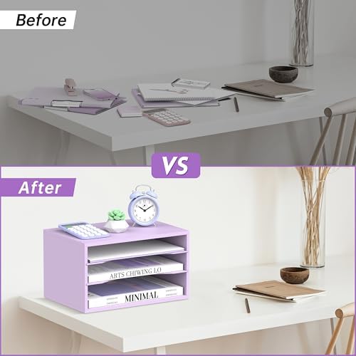 3 Tier Wood Desk Organizer, Paper Organizer for Desk, Purple - Image 6