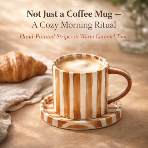 8oz Handmade Ceramic Espresso Mug with Coaster, Speckled Glaze Aesthetic Coffee Cup, Minimalist Striped Cappuccino Flat White Mug, Microwave Safe (orange) - Image 7