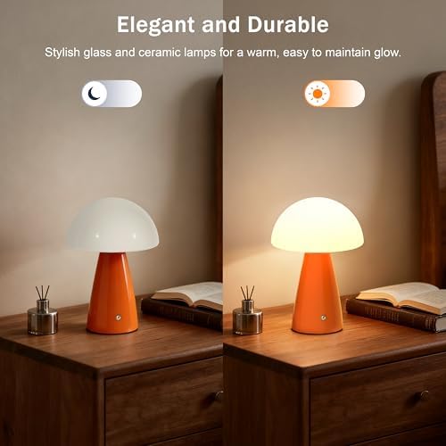 Mushroom Lamp Glass Rechargeable Battery Operated Mushroom Table Lamp Orange LED Vintage Modern Cordless Small Lamp Retro Dimmable Bedroom Nightstand Bedside Decor Aesthetic Home Birthday Gift - Image 7