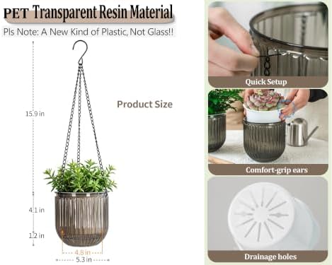 Melphoe 2 Pack Self Watering Hanging Planters Indoor Flower Pots, 5.3 Inch Outdoor Hanging Basket, Plant Hanger with 3Hooks Drainage Holes for Garden Home (Gray) - Image 6
