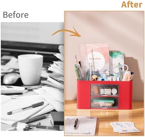Marbrasse Pen Organizer with 2 Drawer, Multi-Functional Pencil Holder for Desk, Desk Organizers and Accessories with 5 Compartments + Drawer for Office Art Supplies (Red) - Image 7