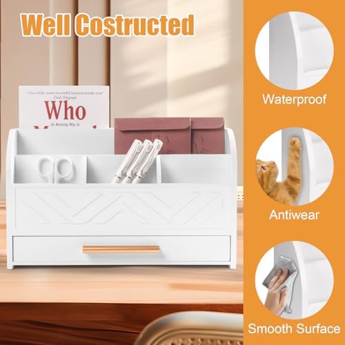 Charmewooden White Desk Organizer with Drawer, Pen Holder & Mail Sorter for Home Office - Image 6