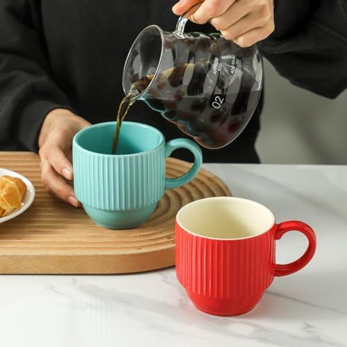 Hasense Coffee Mug 12 oz Set of 4 with Rack - Stackable Coffee Cups Ceramic, Modern Ribbed Latte Cup Sets for Cappuccino, Tea, Espresso, Hot Cocoa, Drinks - Dishwasher & Microwave Safe, Turquoise - Image 6