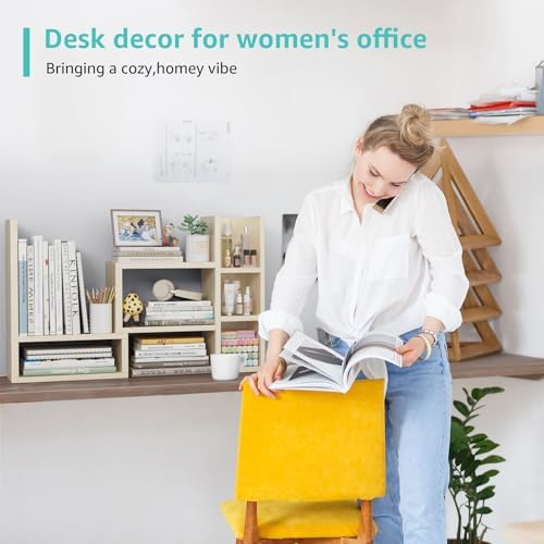 NUTIKAS Desk Shelves Desktop Organizer Shlef - Natural Wood Tone Office Organization for Top of Desk Organizers and Accessories Corner Bookshelf Table Top Shelving Small Hutch Decorations for Office - Image 7