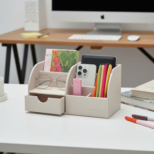 UnionBasic Desk Organizer - Multifunctional Leather Desktop Pen Holder Storage Box - Business Card/Pen/Pencil/Mobile Phone/Stationery Holder, Beige - Image 7