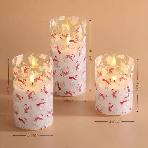 Eywamage Christmas Glass Flameless Pillar Candles with Remote, Flickering LED Battery Candles Bear Holiday Winter Table Decor Gift Set of 3 - Image 6
