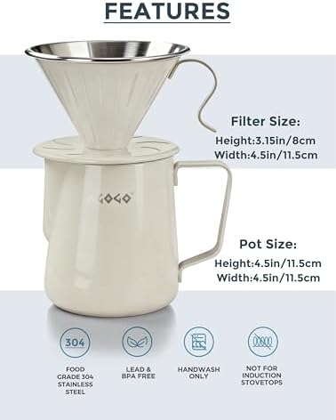 AGOGO Stainless Pour Over Coffee Maker Set, 50 Paper Filters, 20oz, Cream - Image 6