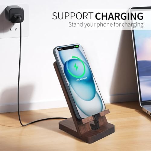 Wood Phone Stand with Mirror, Desktop Wooden Phone Holder, Portable Office Phone Stand for Desk, Wood ipad Stand, Compatible with iPhone & All Cell Phones(Walnut with Mirror) - Image 7
