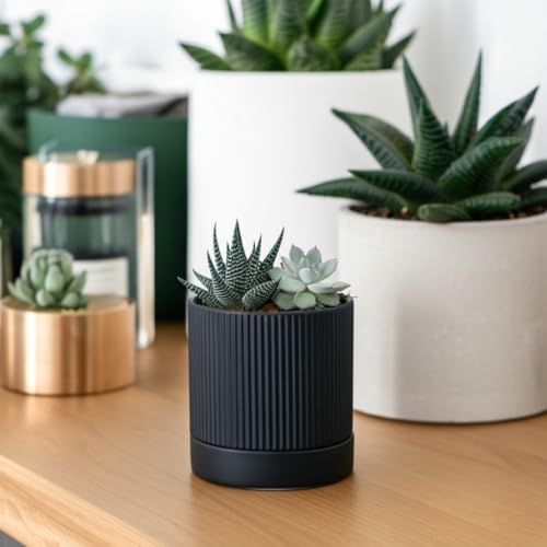 HERDUK Small Plant Pots, 4 Inch Pots for Indoor Plants, Modern Minimalist Ceramic Plant Pots with Drainage Hole & Saucer, Matte Black Set of 2 - Image 7