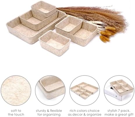 Welaxy Office Drawer organizers felt storage bins Shallow Small Desk trays Draw dividers Nordic Lifestyle Natural Scandinavian-chic style 7-piece (Oatmeal) - Image 6