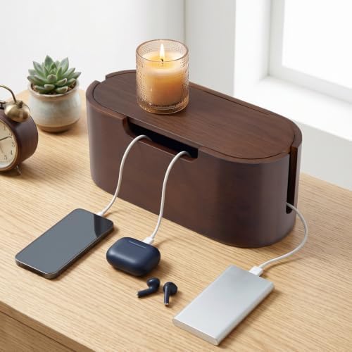 Wooden Cable Management Box with Lid, Decorative Cord Organizer for Power Strip & Charger Cables, Ventilation Holes & Side Slots, Solid Pine Wire Hider for Desk, Home Office, Dorm & Minimalist Setup - Image 7