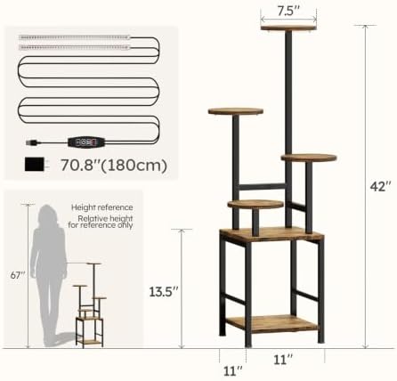 Homsorout Round Plant Stand Indoor with Grow Light, 5-Tiered Tall Plant Stand Indoor, Metal Plant Shelf with Adjustable Light, Ideal for Living Room, Garden, Patio (Black Brown) - Image 6